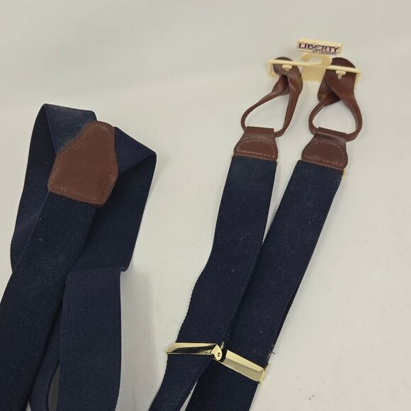 Vintage LIBERTY OF LONDON Deadstock Navy and Leather Suspenders Braces NWT - Picture 5 of 8